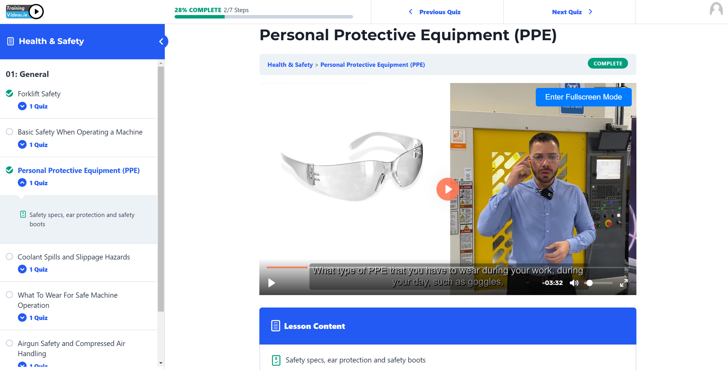 Employee course view with video player and course navigation