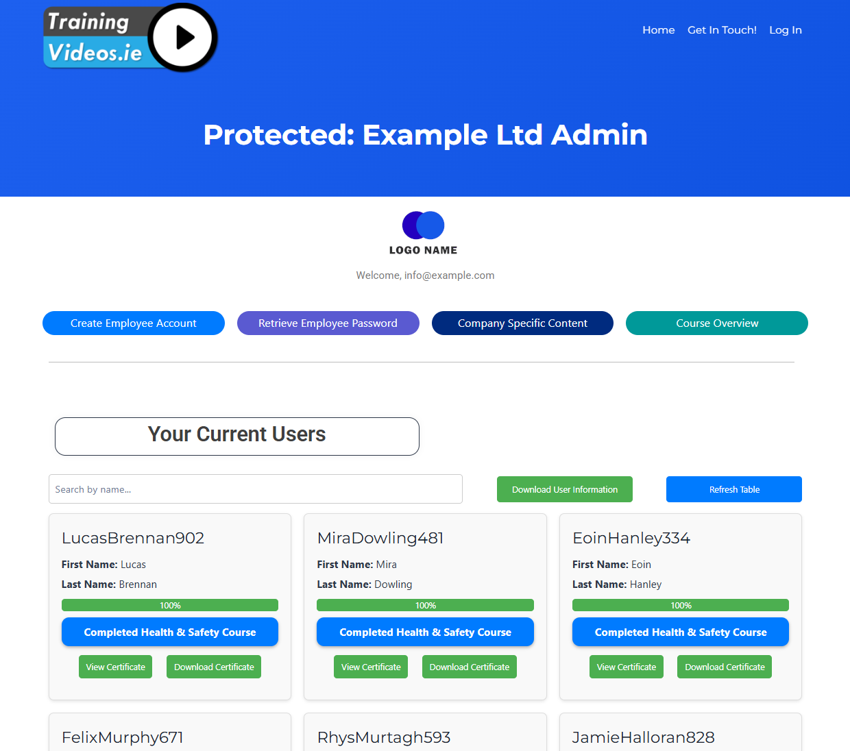 Company admin panel showing employee progress and completion certificates