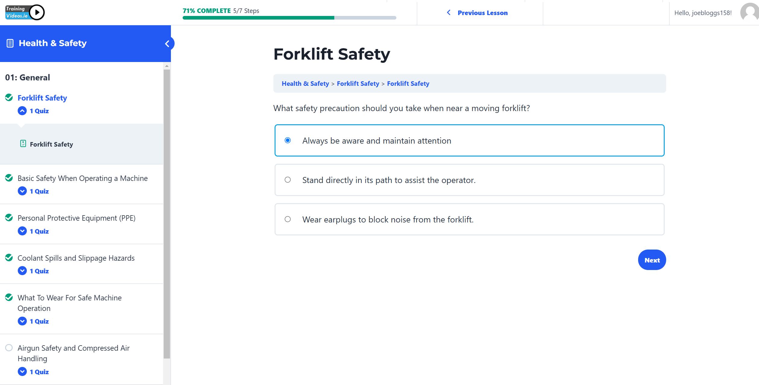 Interactive knowledge check quiz on forklift safety