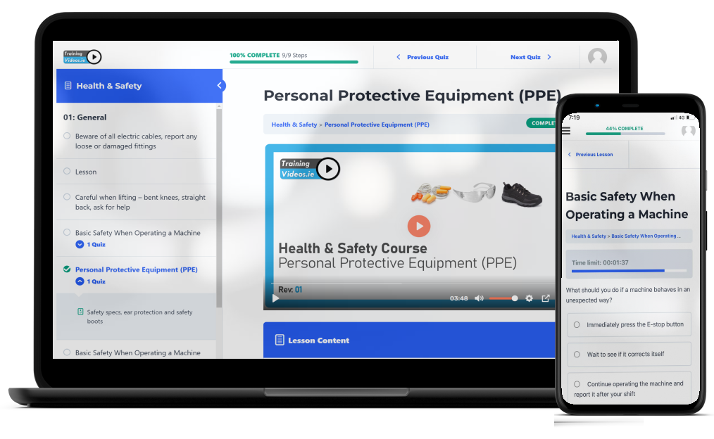 TrainingVideos.ie course interface on laptop and mobile